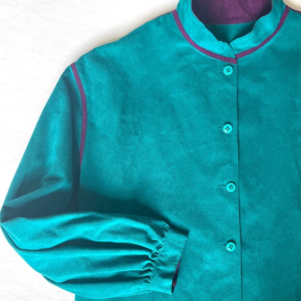 80s Suede Jacket Vintage Teal Green Band Collar Puff Sleeve Ultrasuede M Cropped